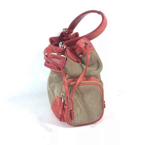 PRADA Bucket type Logo drawstring bag Shoulder Bag Leather/Canvas Beige/Red - Picture 3 of 16